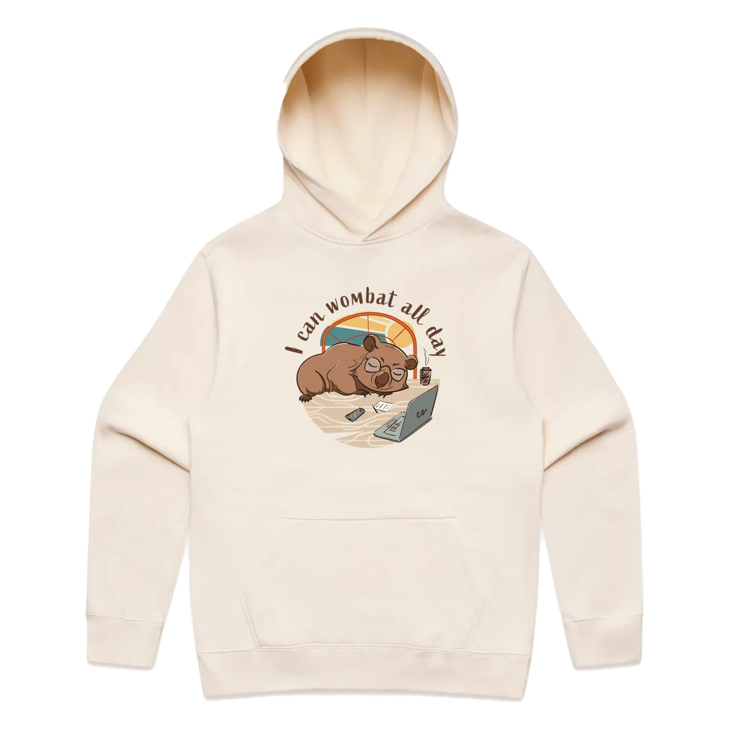 Men’s ecru wombat hoodie featuring a cute, funny hand-drawn wombat design, I Can Wombat All Day print