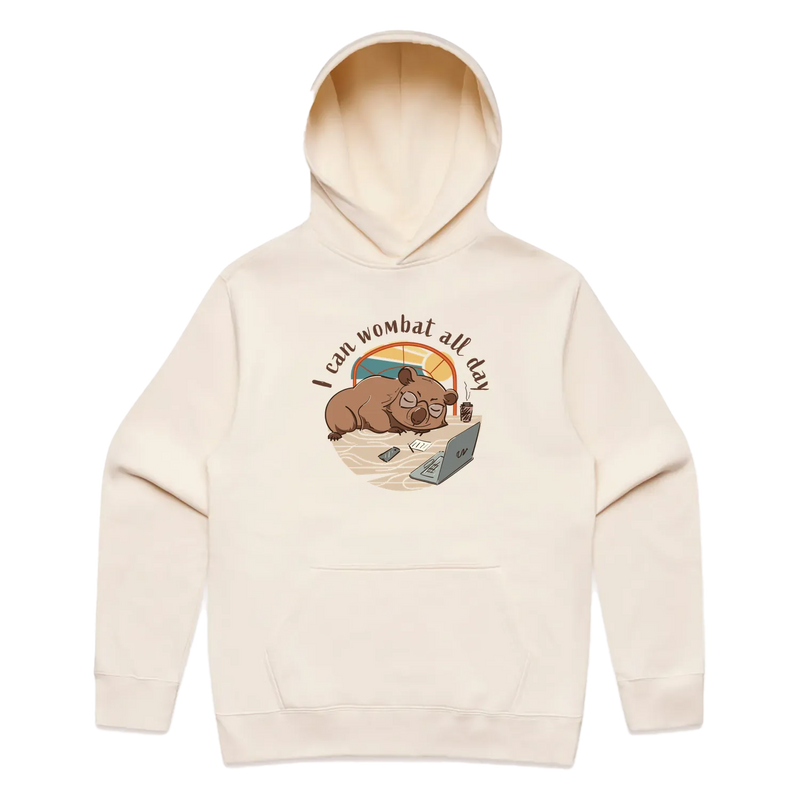 Men’s ecru wombat hoodie featuring a cute, funny hand-drawn wombat design, I Can Wombat All Day print