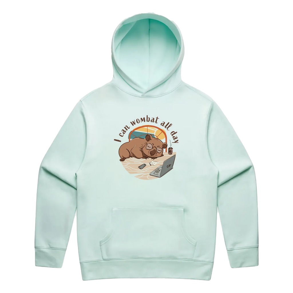 Men’s seafoam wombat hoodie featuring a cute, funny hand-drawn wombat design, I Can Wombat All Day print