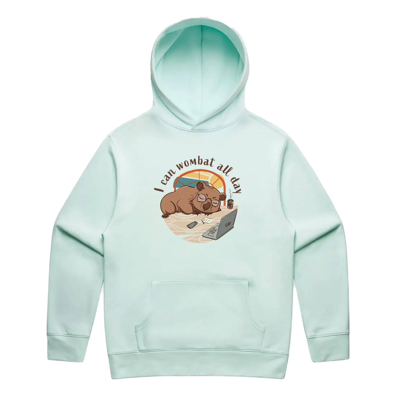 Men’s seafoam wombat hoodie featuring a cute, funny hand-drawn wombat design, I Can Wombat All Day print