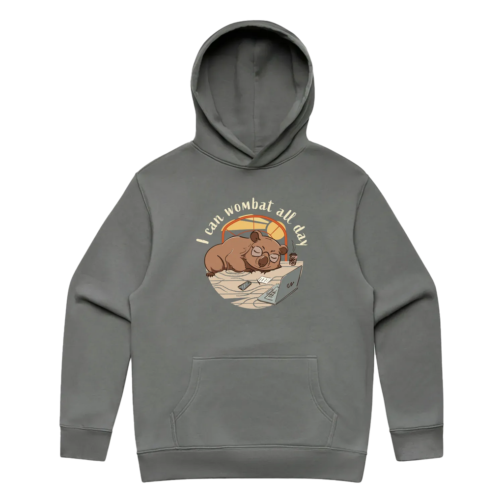 Men’s shadow wombat hoodie featuring a cute, funny hand-drawn wombat design, I Can Wombat All Day print