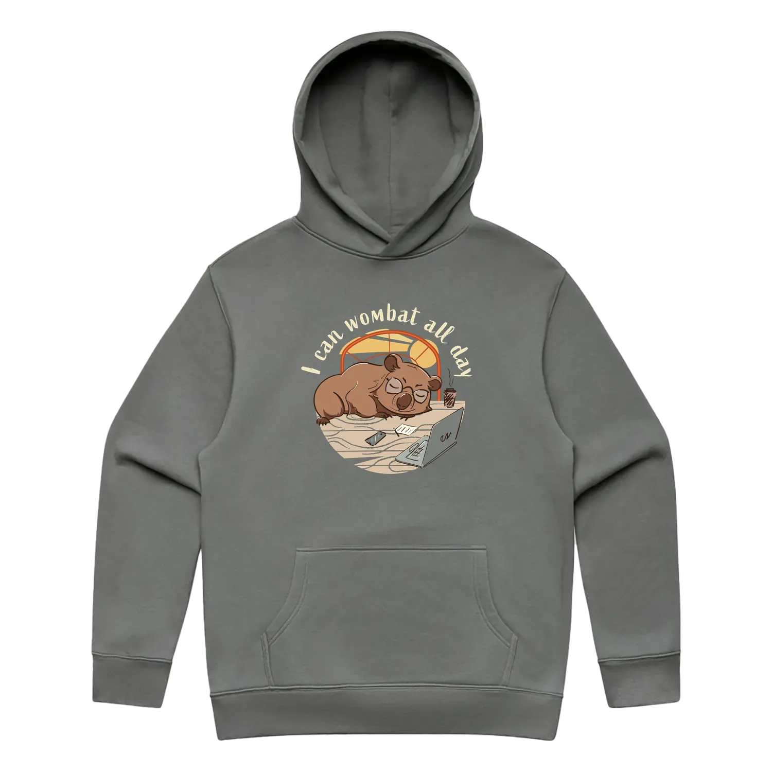 Men’s shadow wombat hoodie featuring a cute, funny hand-drawn wombat design, I Can Wombat All Day print