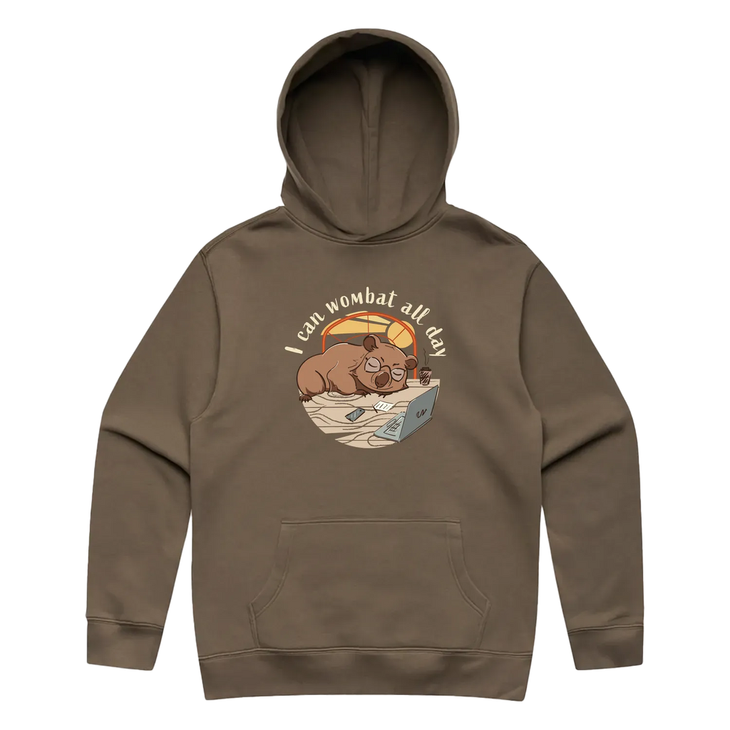 Men’s walnut wombat hoodie featuring a cute, funny hand-drawn wombat design, I Can Wombat All Day print