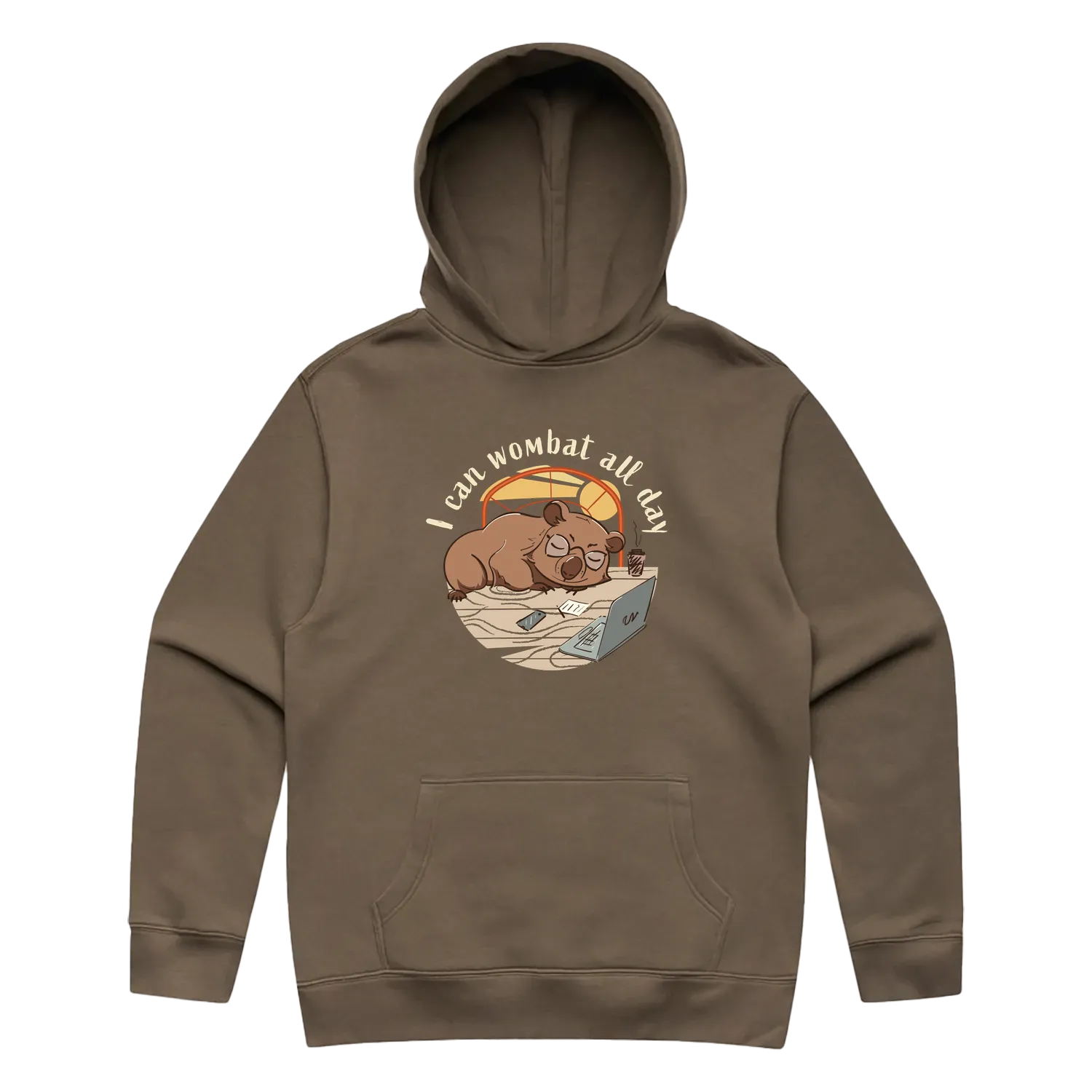 Men’s walnut wombat hoodie featuring a cute, funny hand-drawn wombat design, I Can Wombat All Day print
