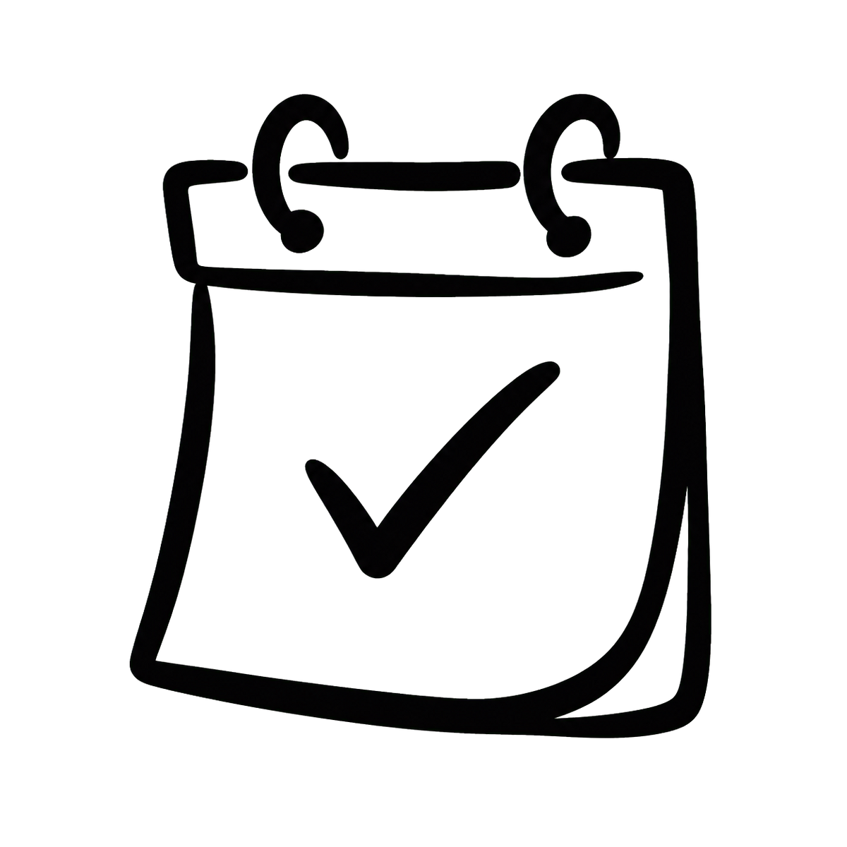 A minimalist black line icon of a calendar page with a checkmark