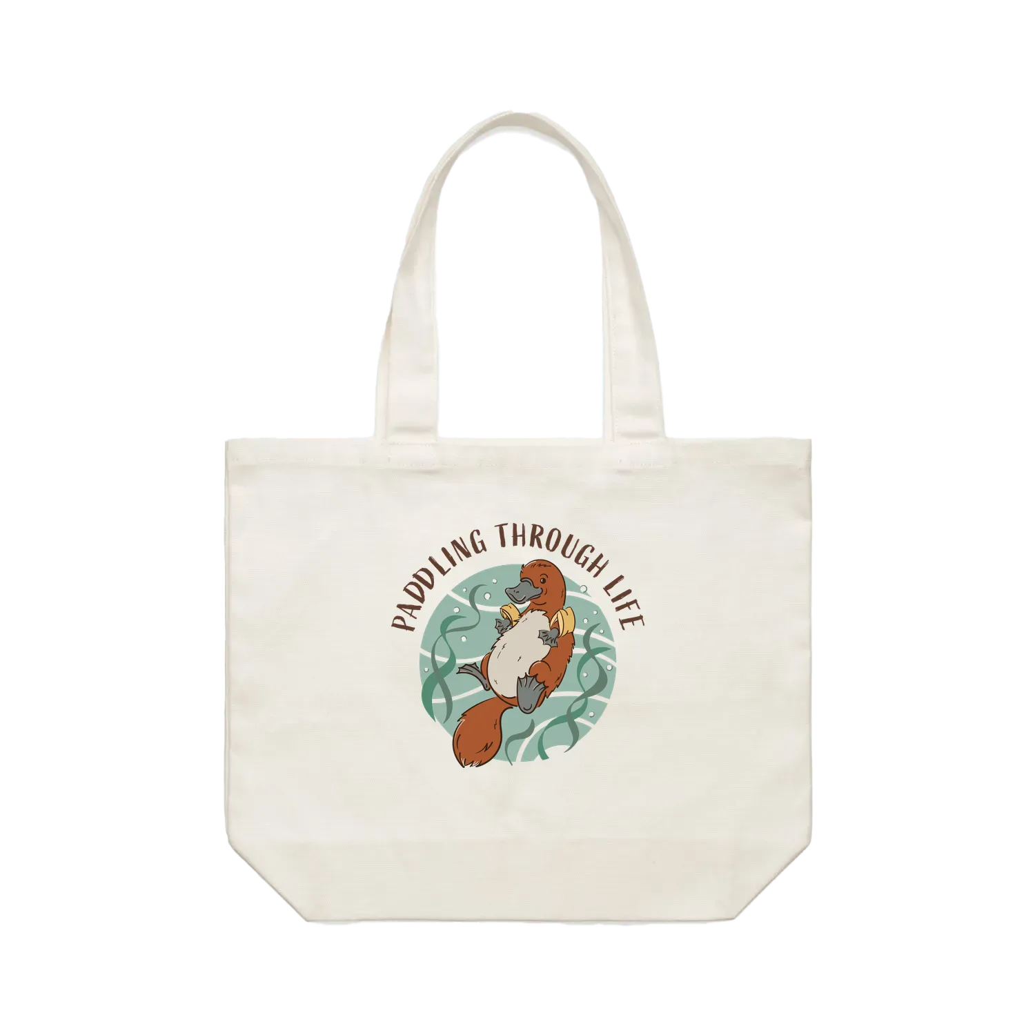 Funny platypus tote bag with hand-drawn platypus relaxing in water with floaties