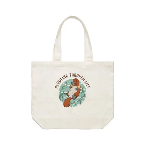Funny platypus tote bag with hand-drawn platypus relaxing in water with floaties