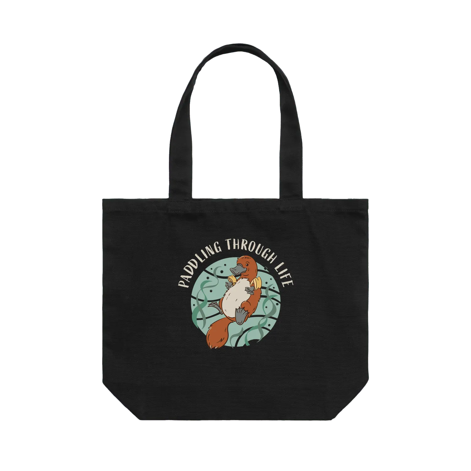 Funny platypus tote bag with hand-drawn platypus relaxing in water with floaties