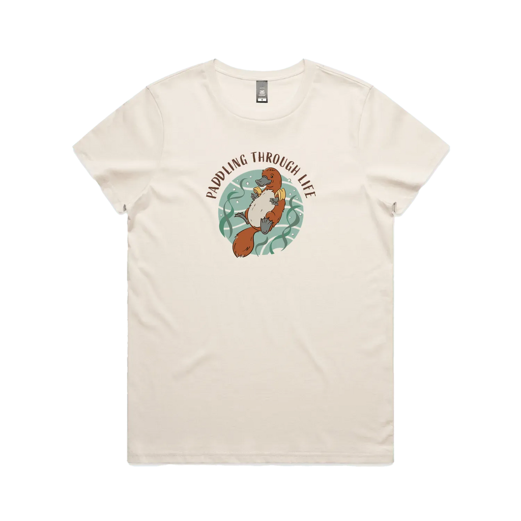 Funny women’s t-shirt with hand-drawn platypus design Paddling Through Life