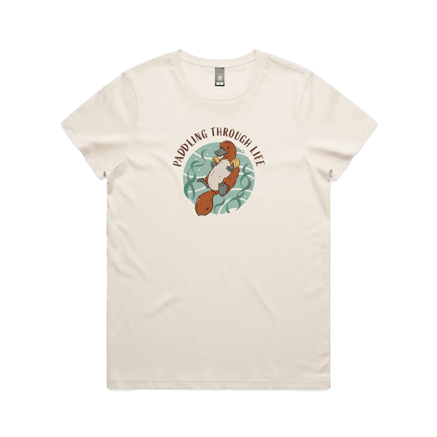 Funny women’s t-shirt with hand-drawn platypus design Paddling Through Life