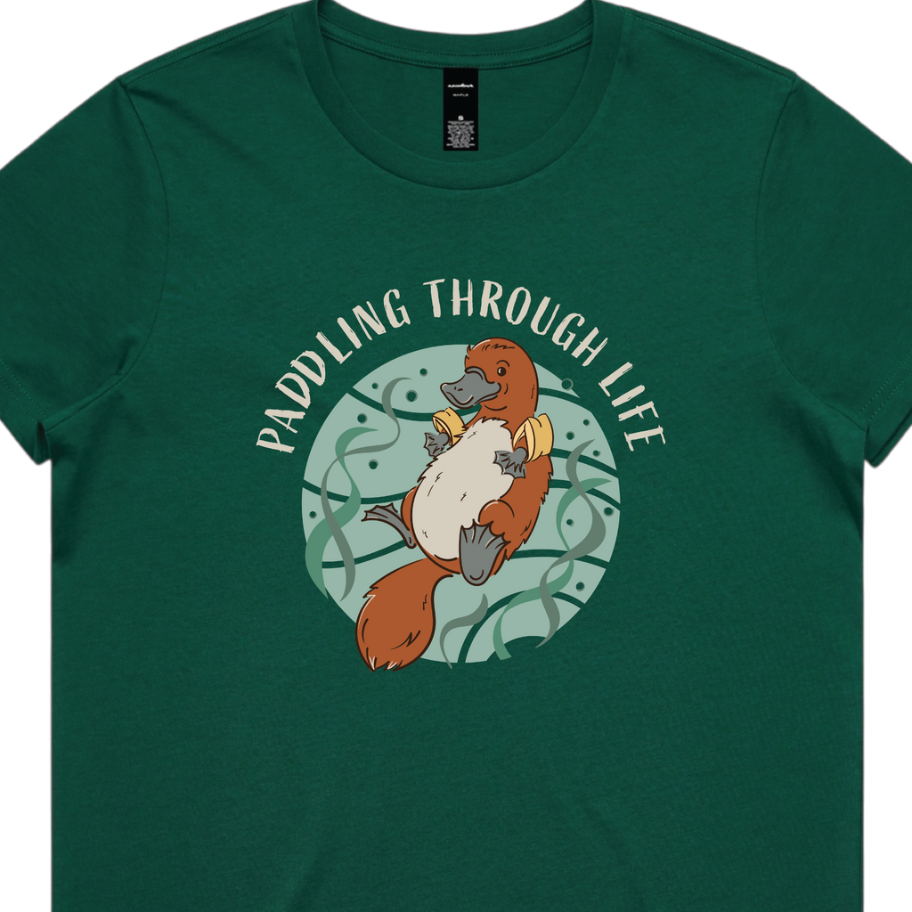 Funny women’s t-shirt with hand-drawn platypus design Paddling Through Life