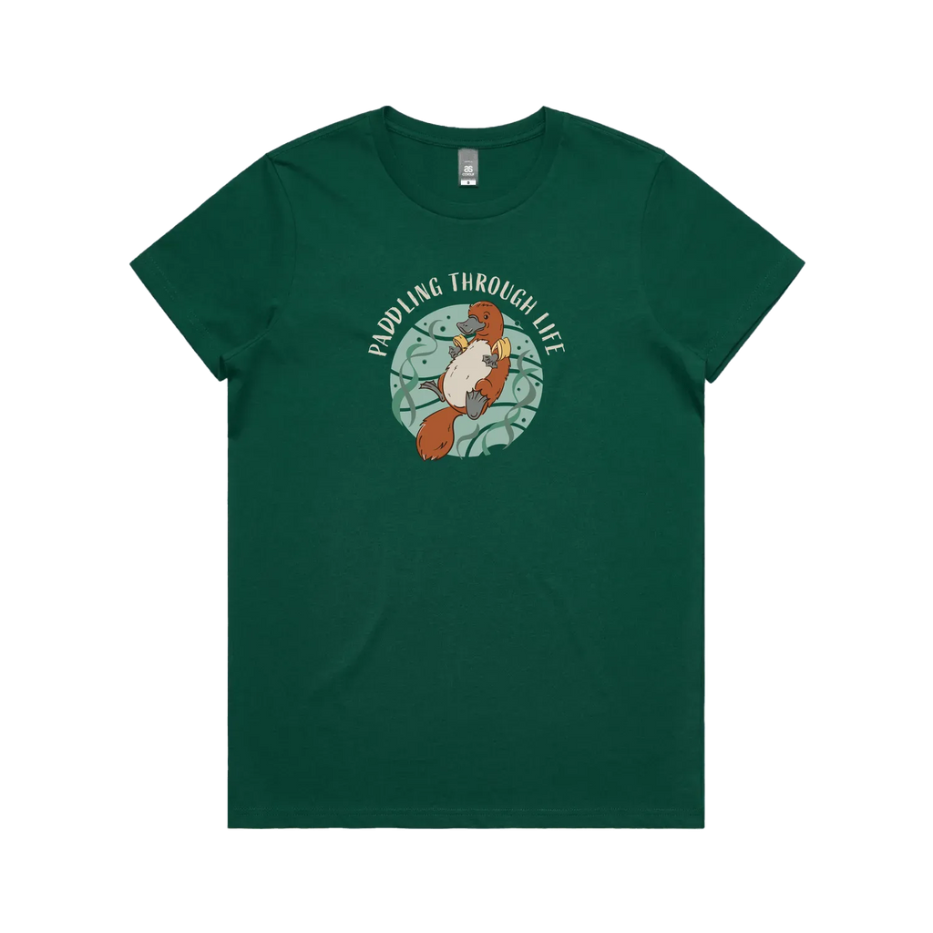 Funny women’s t-shirt with hand-drawn platypus design Paddling Through Life