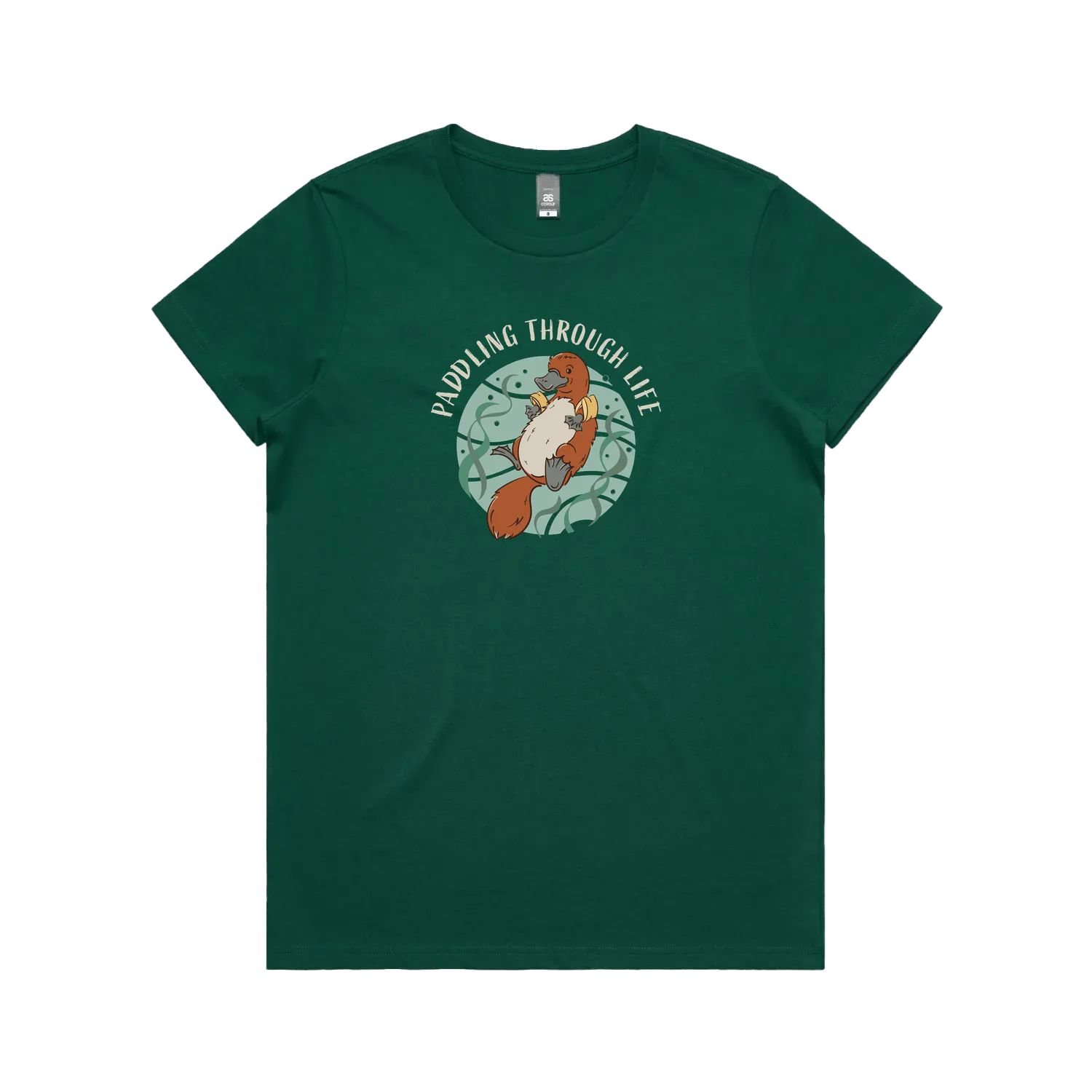 Funny women’s t-shirt with hand-drawn platypus design Paddling Through Life