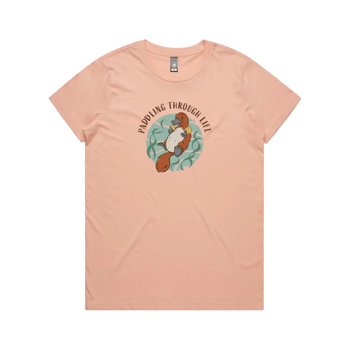 Funny women’s pale pink t-shirt with hand-drawn platypus design Paddling Through Life