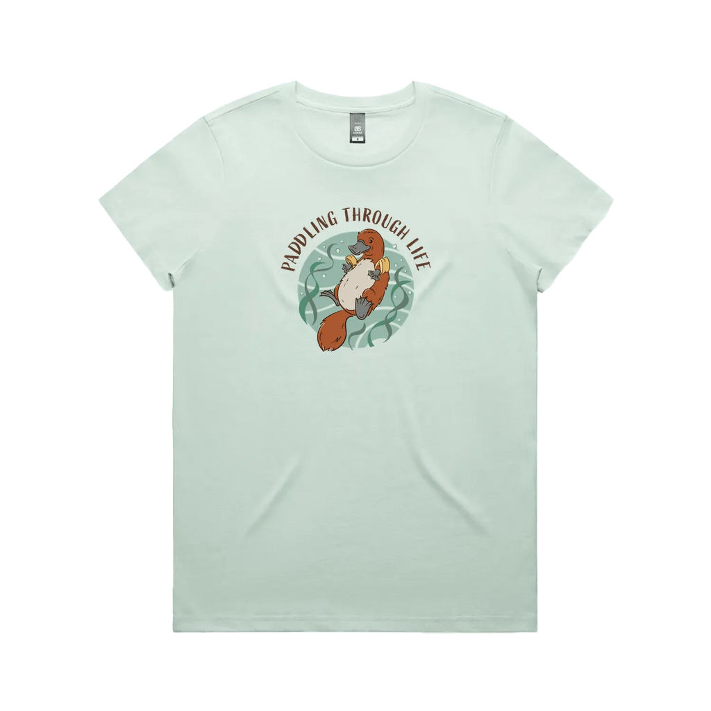 Funny women’s seafoam t-shirt with hand-drawn platypus design Paddling Through Life