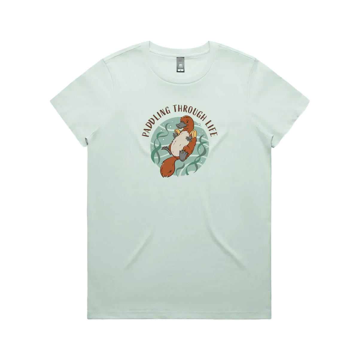 Funny women’s seafoam t-shirt with hand-drawn platypus design Paddling Through Life