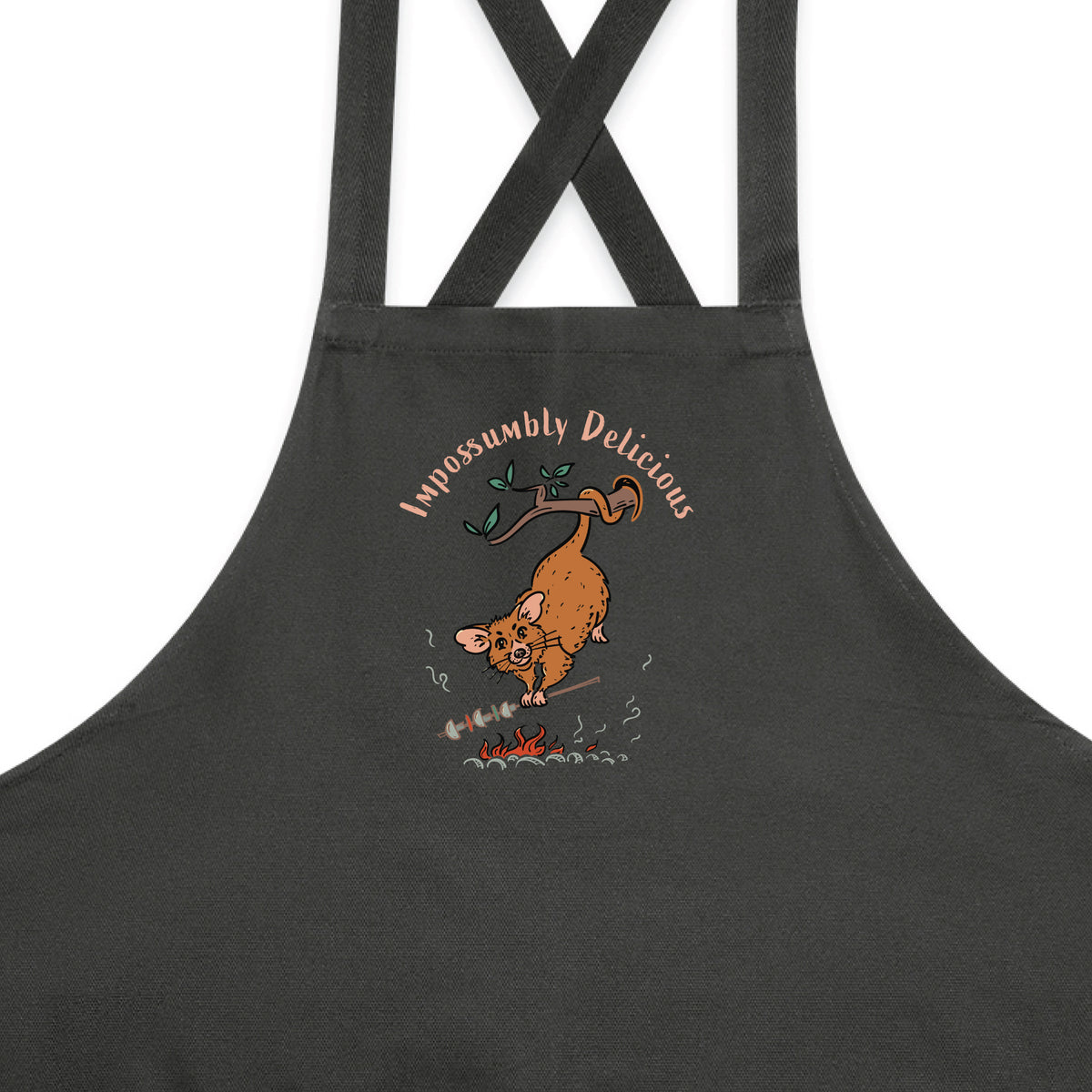 Possum BBQ apron featuring a hand-drawn possum cooking over an open fire with Impossumbly Delicious slogan