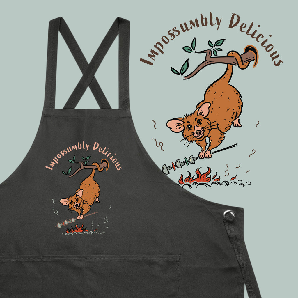 Possum BBQ apron featuring a hand-drawn possum cooking over an open fire with Impossumbly Delicious slogan