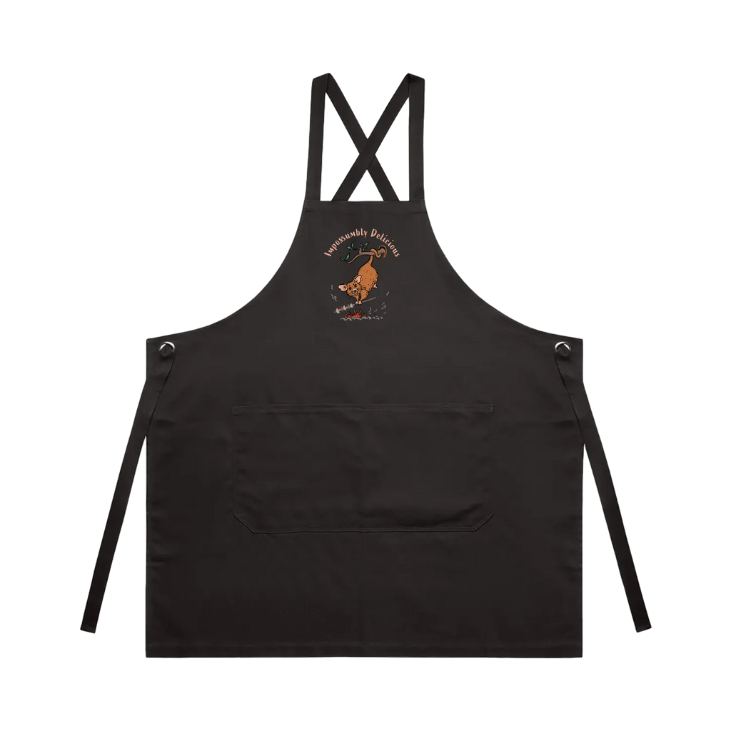 Possum BBQ apron featuring a hand-drawn possum cooking over an open fire with Impossumbly Delicious slogan