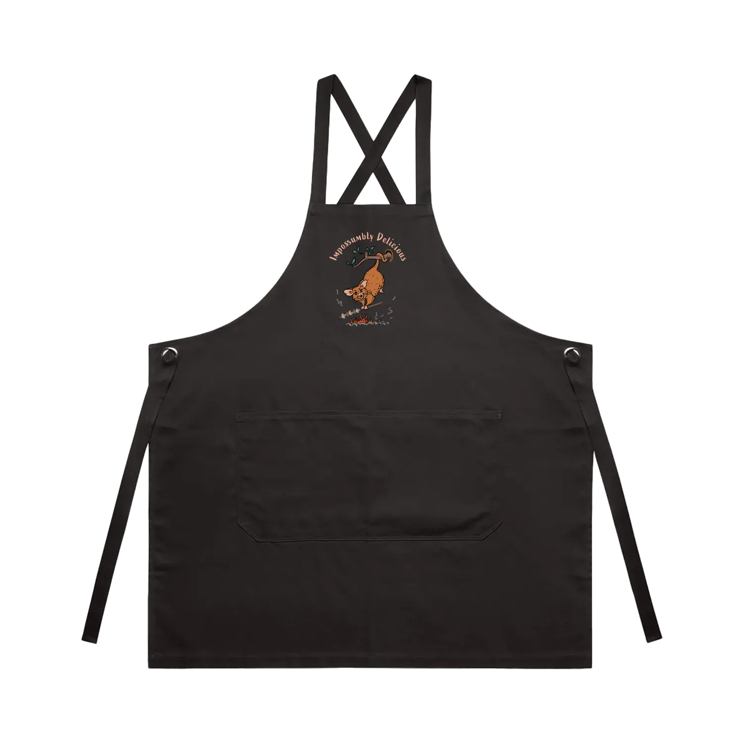Possum BBQ apron featuring a hand-drawn possum cooking over an open fire with Impossumbly Delicious slogan