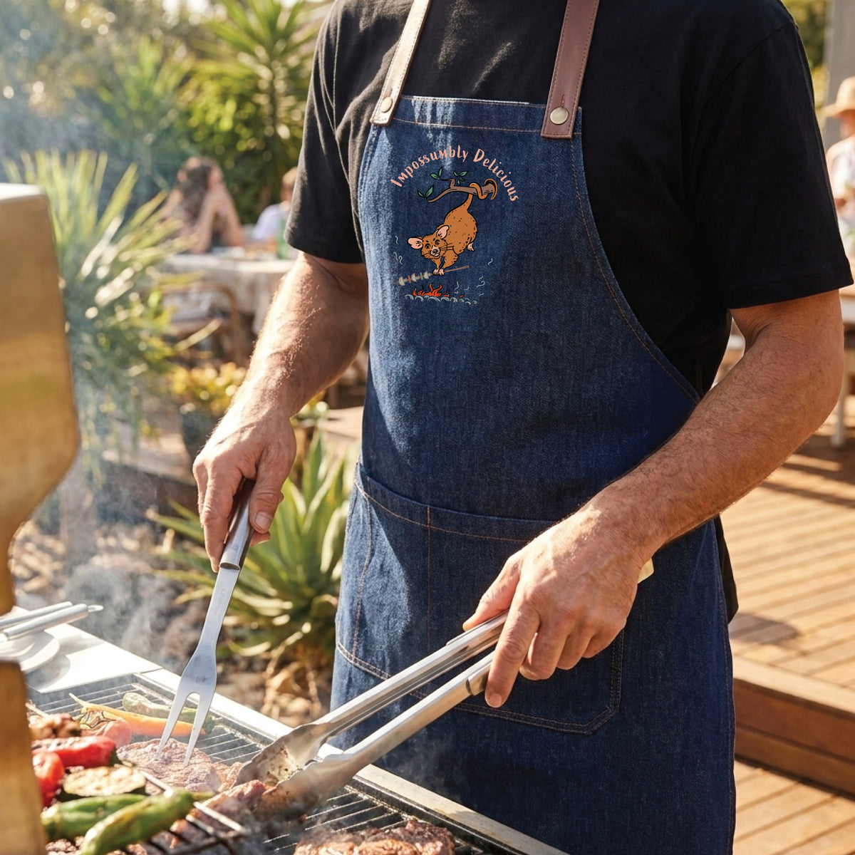 Possum BBQ denim apron featuring a hand-drawn possum cooking over an open fire with Impossumbly Delicious slogan