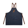 Possum BBQ denim apron featuring a hand-drawn possum cooking over an open fire with Impossumbly Delicious slogan