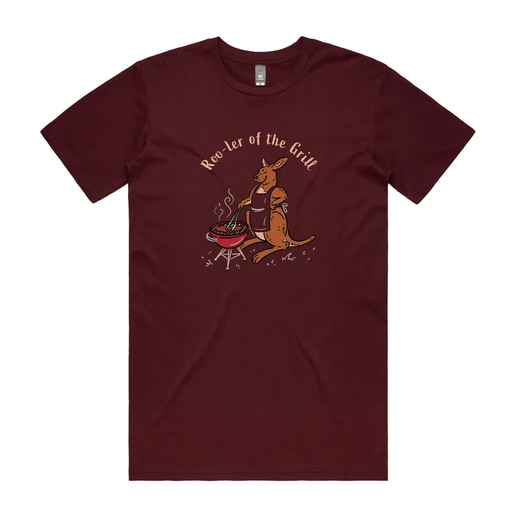 Men's kangaroo t-shirt featuring a kangaroo wearing an apron and cooking at a BBQ with Roo-ler of the Grill slogan