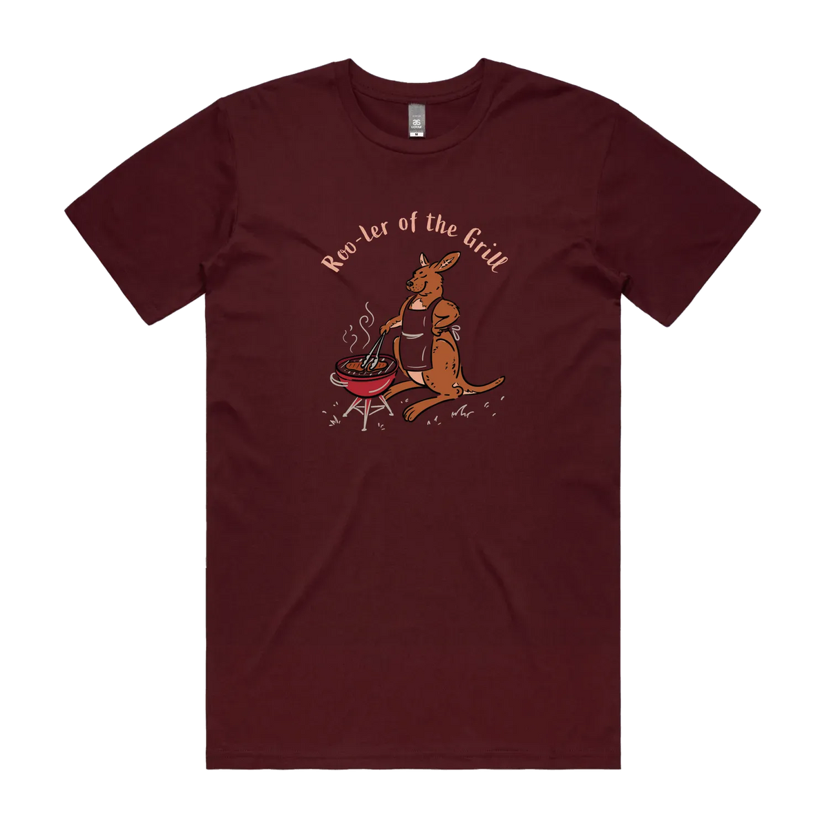 Men's kangaroo t-shirt featuring a kangaroo wearing an apron and cooking at a BBQ with Roo-ler of the Grill slogan
