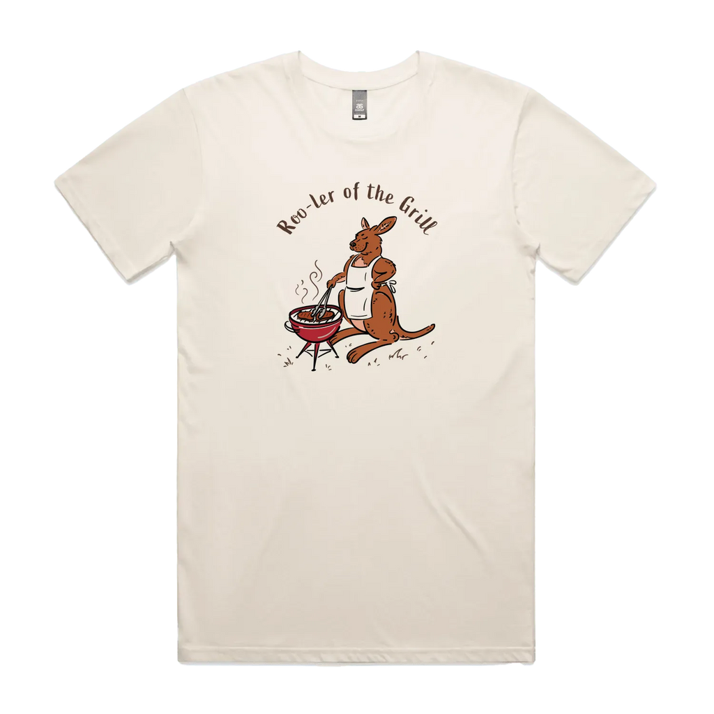 Men's funny kangaroo t-shirt featuring a kangaroo wearing an apron and cooking at a BBQ with Roo-ler of the Grill slogan