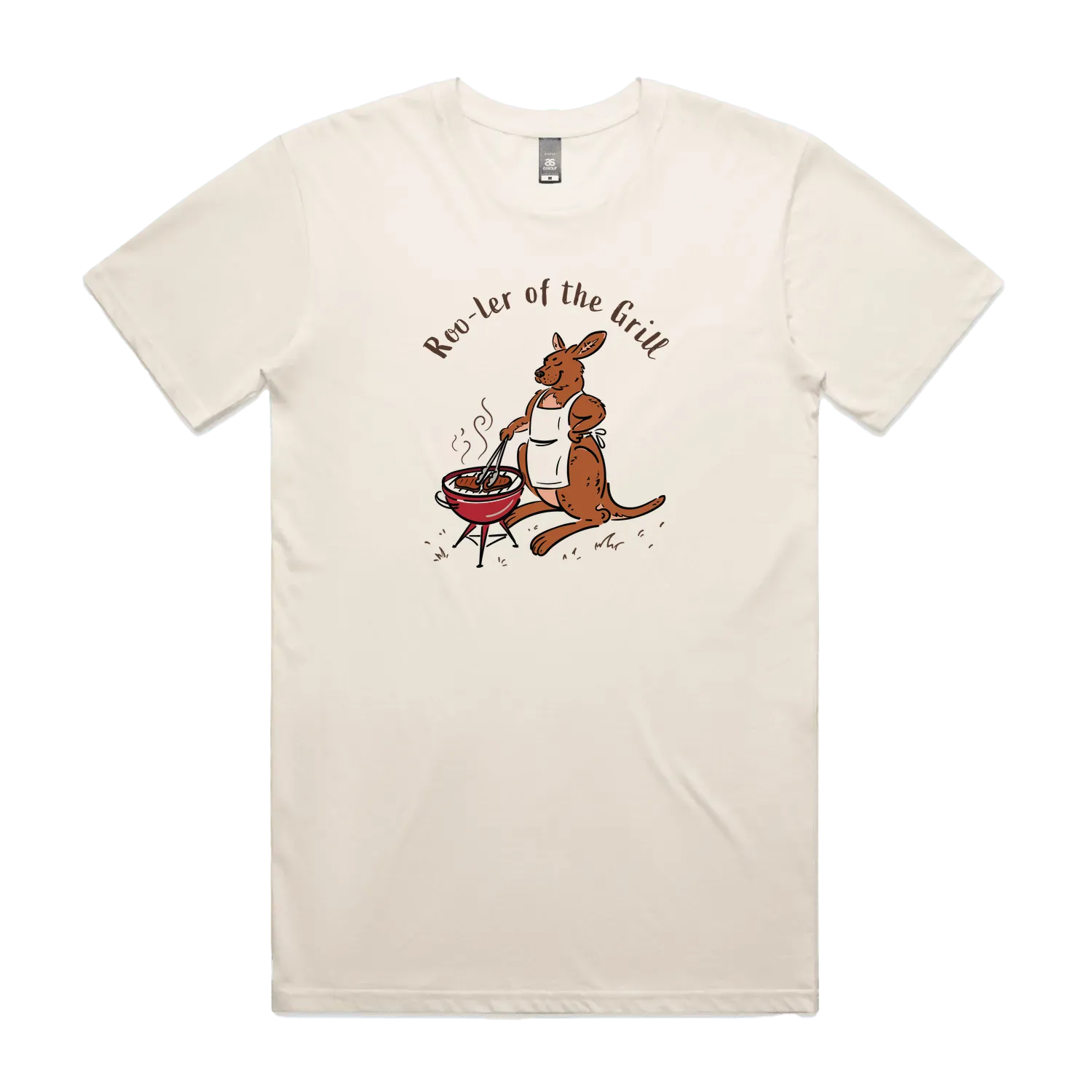 Men's funny kangaroo t-shirt featuring a kangaroo wearing an apron and cooking at a BBQ with Roo-ler of the Grill slogan