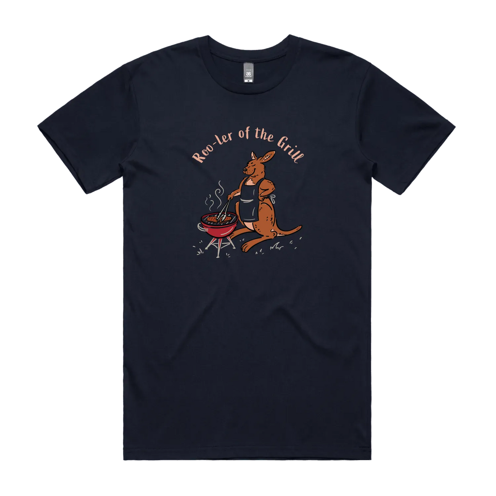 Men's kangaroo t-shirt featuring a kangaroo wearing an apron and cooking at a BBQ with Roo-ler of the Grill slogan