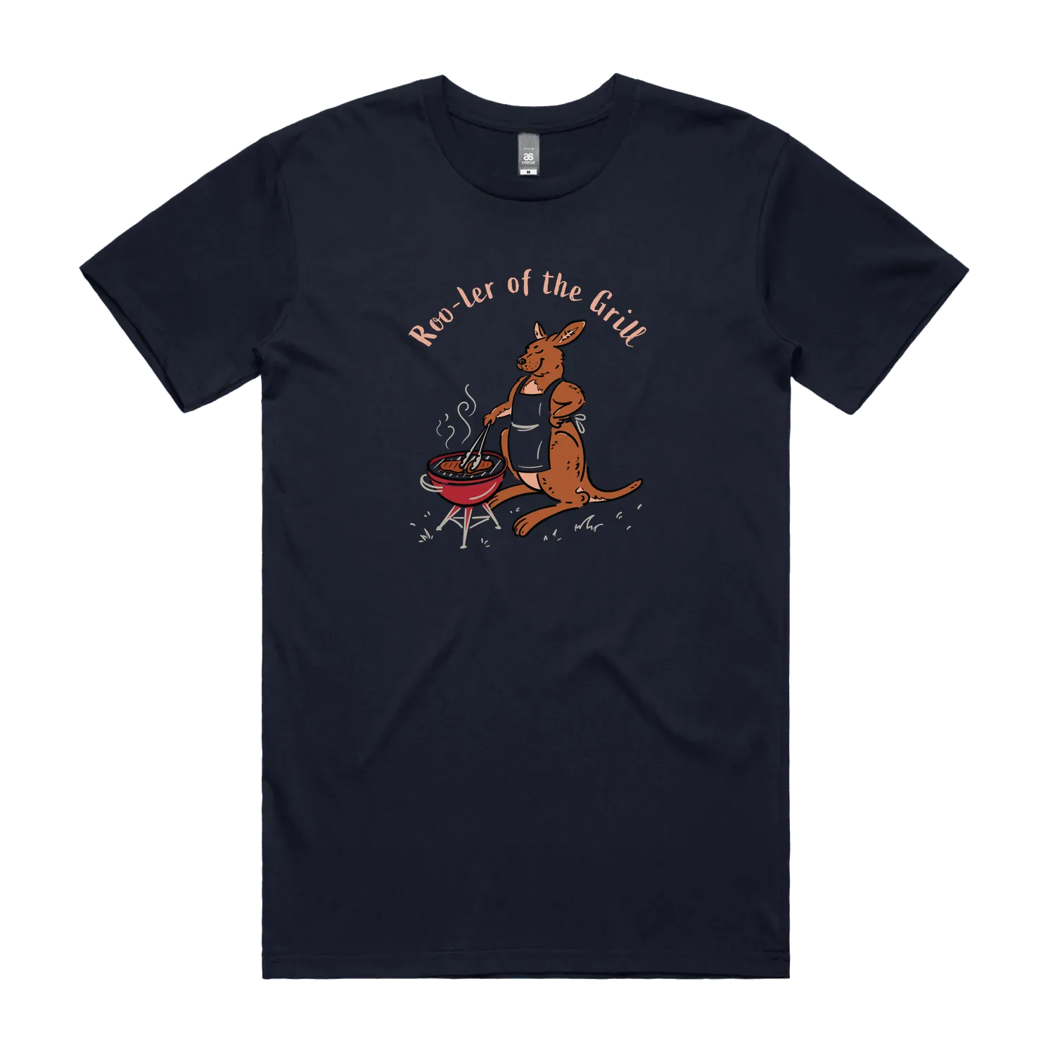 Men's kangaroo t-shirt featuring a kangaroo wearing an apron and cooking at a BBQ with Roo-ler of the Grill slogan