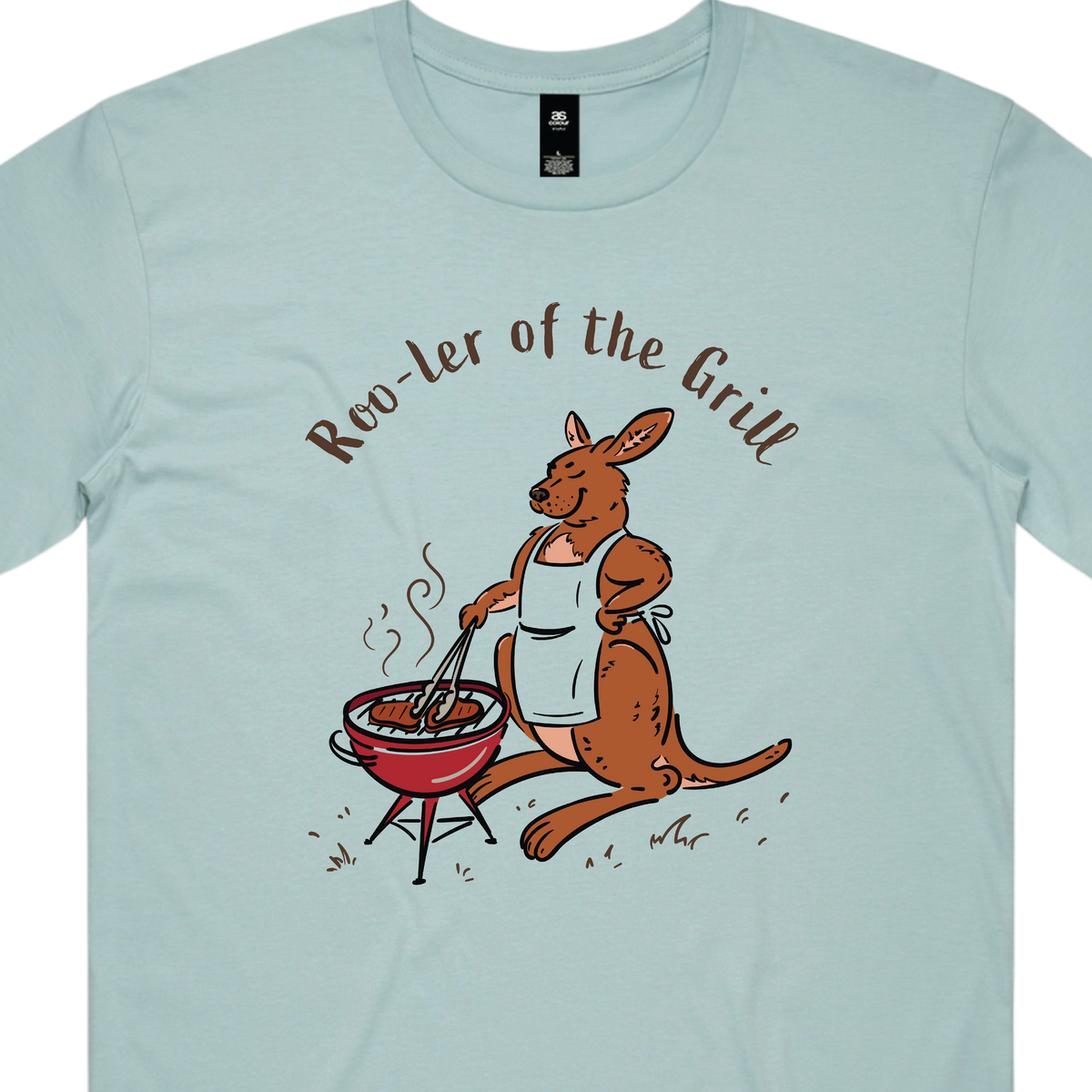 Men's kangaroo t-shirt featuring a kangaroo wearing an apron and cooking at a BBQ with Roo-ler of the Grill slogan