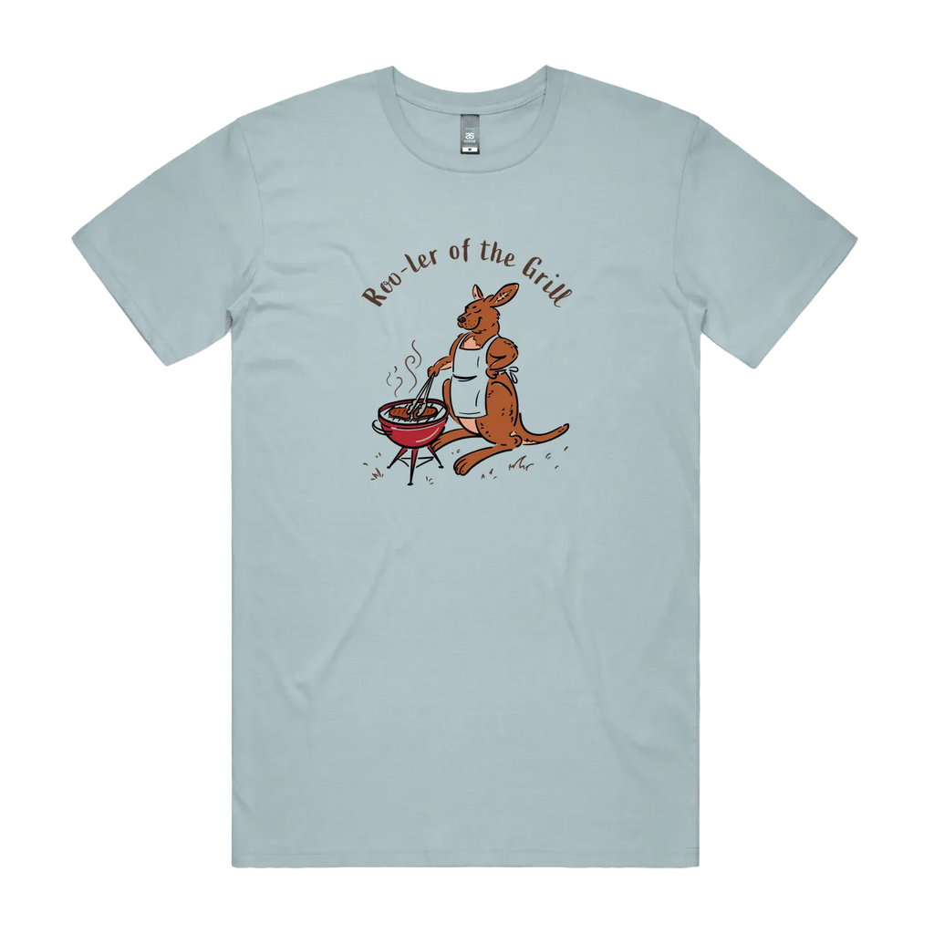 Men's kangaroo t-shirt featuring a kangaroo wearing an apron and cooking at a BBQ with Roo-ler of the Grill slogan