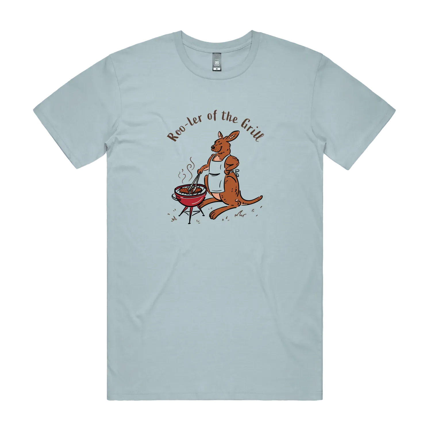Men's kangaroo t-shirt featuring a kangaroo wearing an apron and cooking at a BBQ with Roo-ler of the Grill slogan