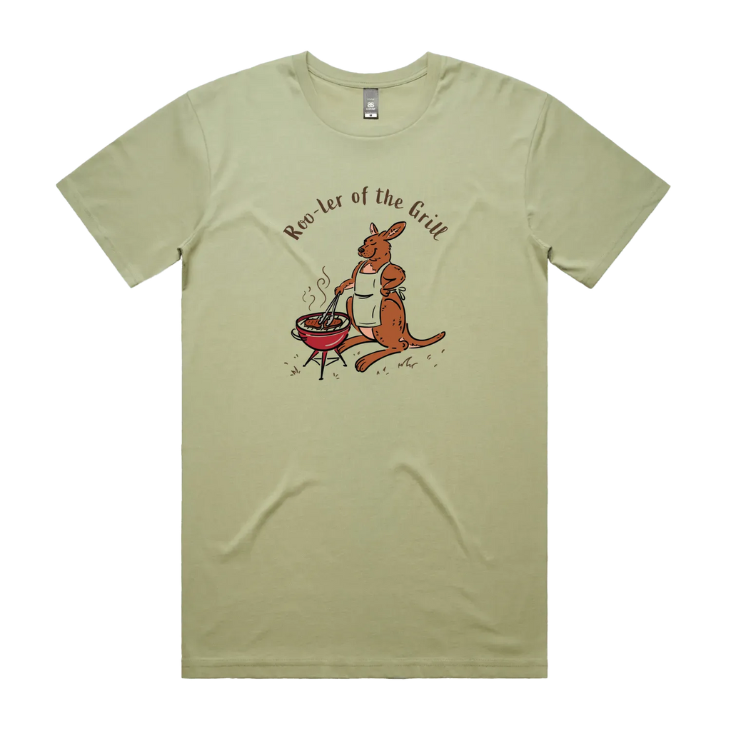 Men's funny kangaroo t-shirt featuring a kangaroo wearing an apron and cooking at a BBQ with Roo-ler of the Grill slogan