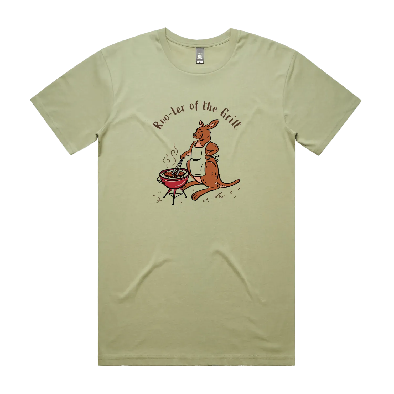 Men's funny kangaroo t-shirt featuring a kangaroo wearing an apron and cooking at a BBQ with Roo-ler of the Grill slogan