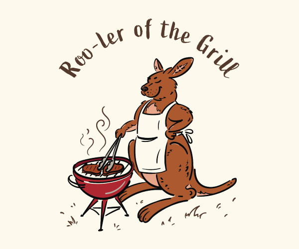 Hand-drawn kangaroo cooking at a barbecue with the Roo-ler of the Grill slogan on a Father’s Day T-shirt and BBQ apron.