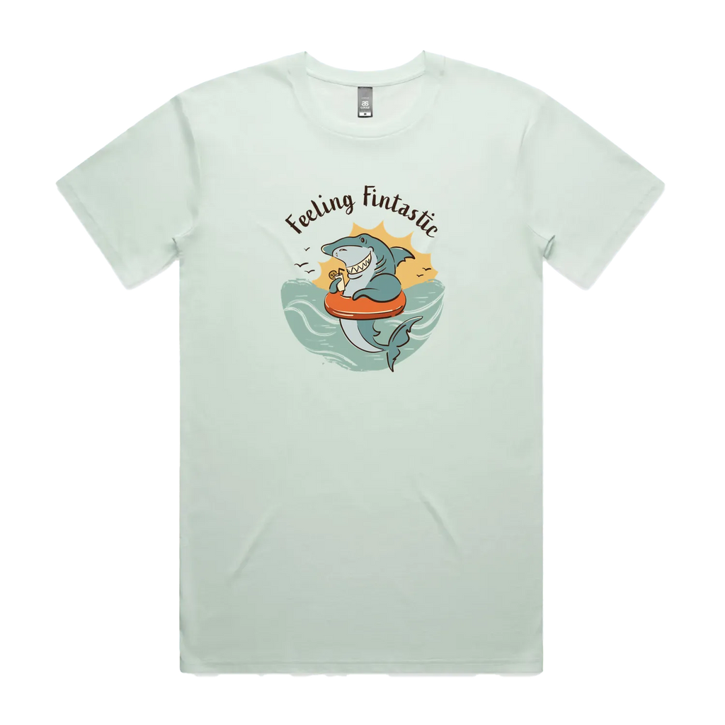 Funny men's seafoam t-shirt with hand drawn shark design