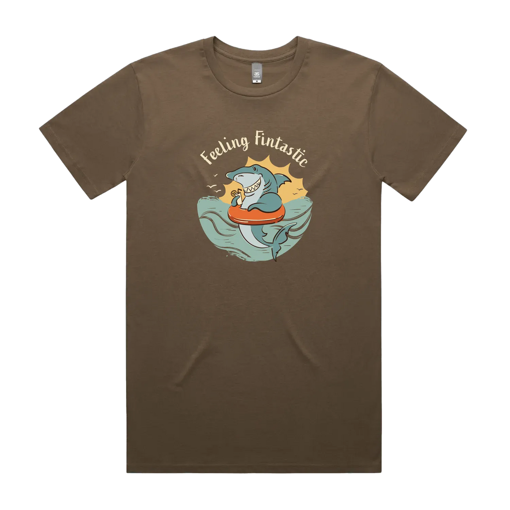 Funny men's walnut t-shirt with hand drawn shark design