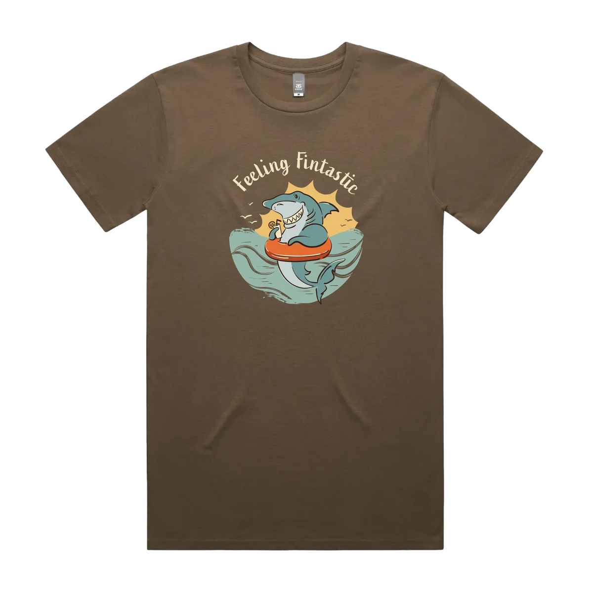 Funny men's walnut t-shirt with hand drawn shark design