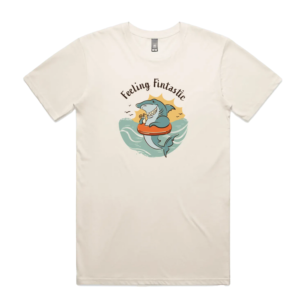 Funny men's ecru t-shirt with hand drawn shark design