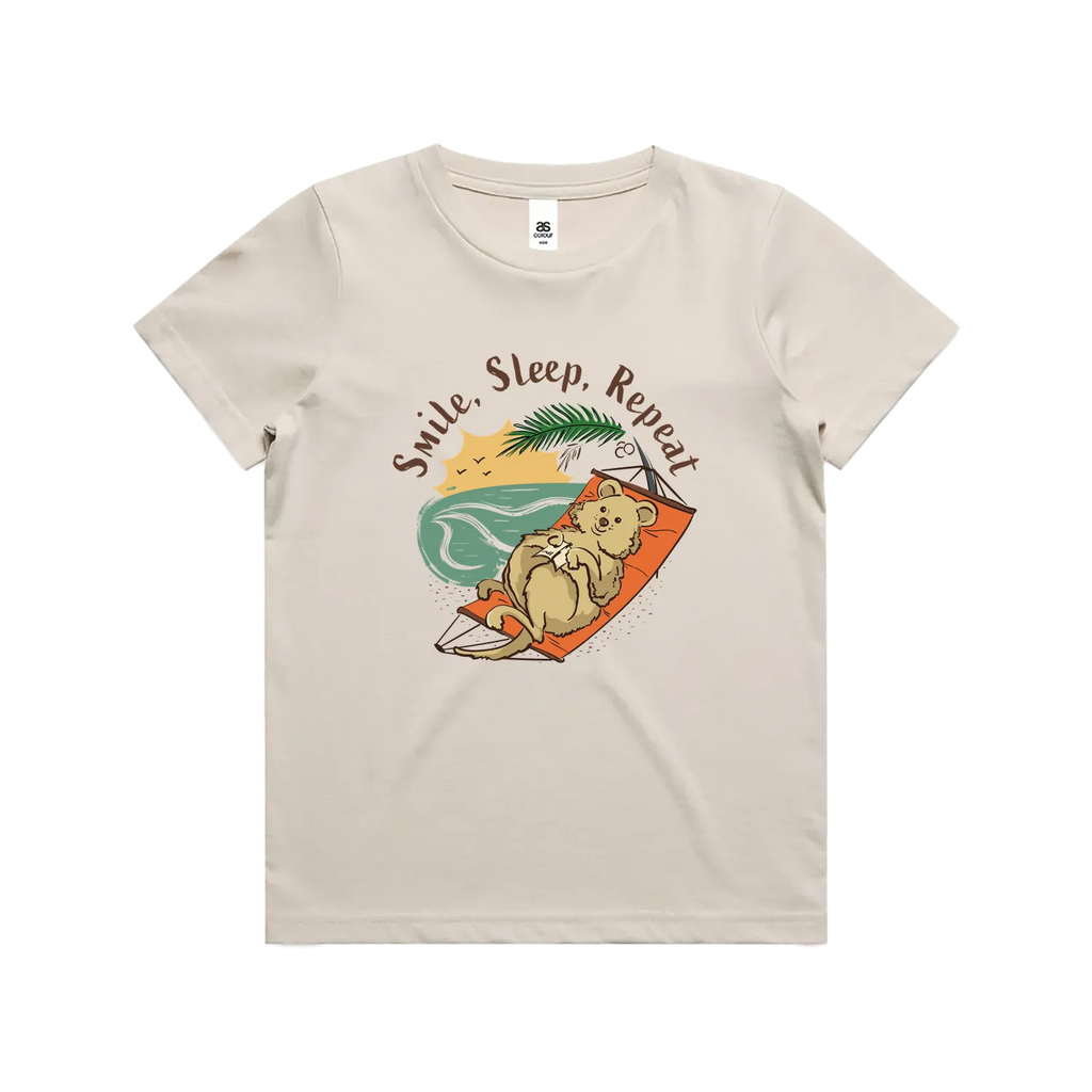 Funny kids t-shirt with hand drawn smiling quokka design