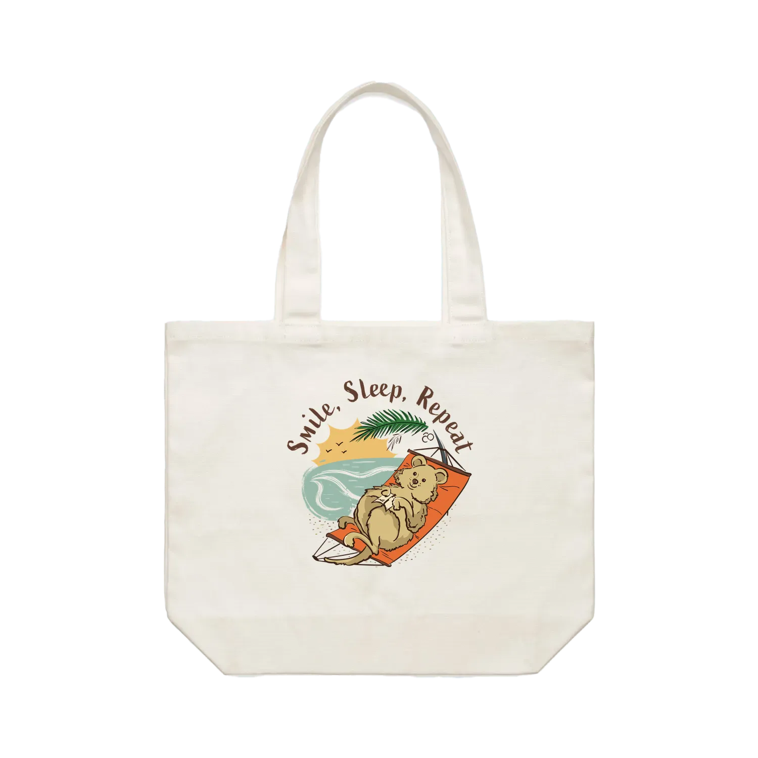 Funny quokka tote bag with hand-drawn quokka relaxing in a hammock