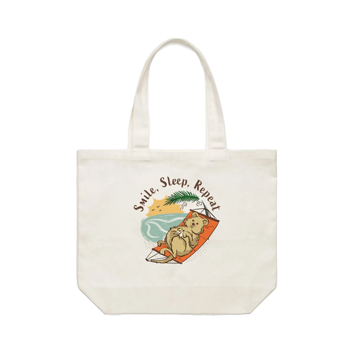 Funny quokka tote bag with hand-drawn quokka relaxing in a hammock
