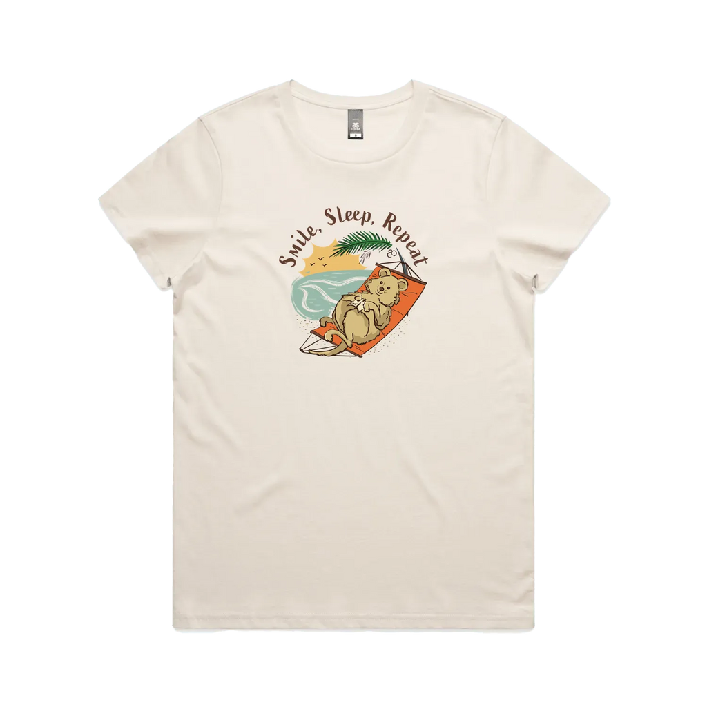 Hand-drawn quokka women’s t-shirt Smile, Sleep, Repeat Australian gift