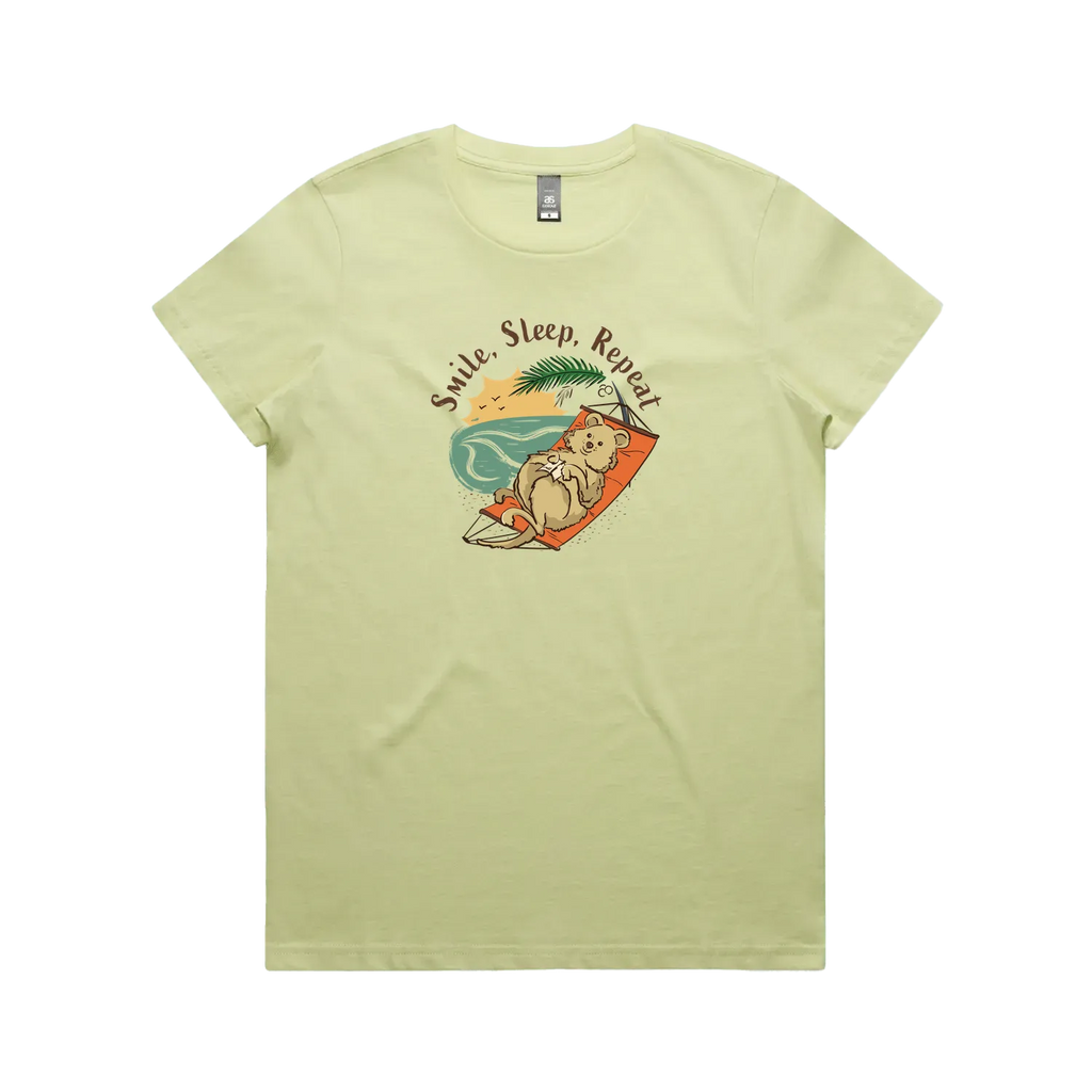 Hand-drawn quokka women’s t-shirt Smile, Sleep, Repeat Australian gift