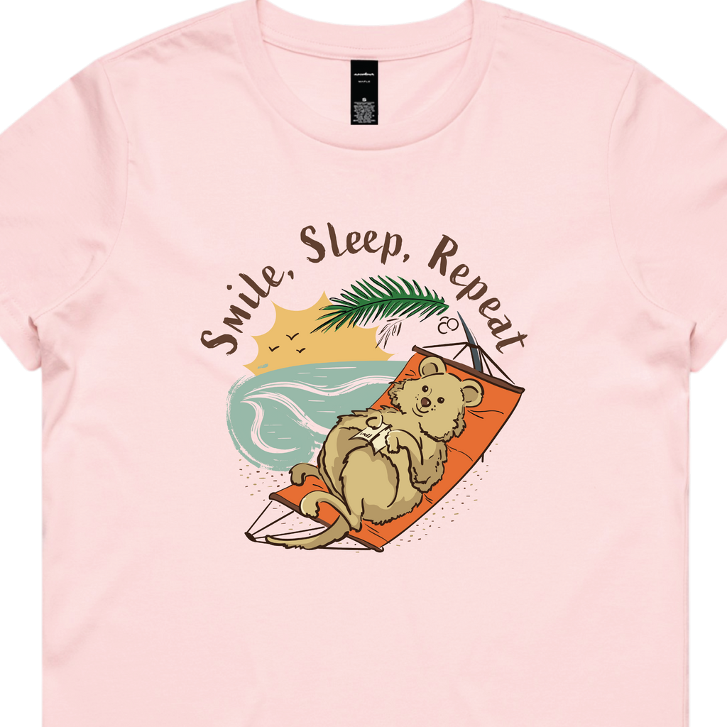 Hand-drawn quokka women’s pink t-shirt Smile, Sleep, Repeat Australian gift