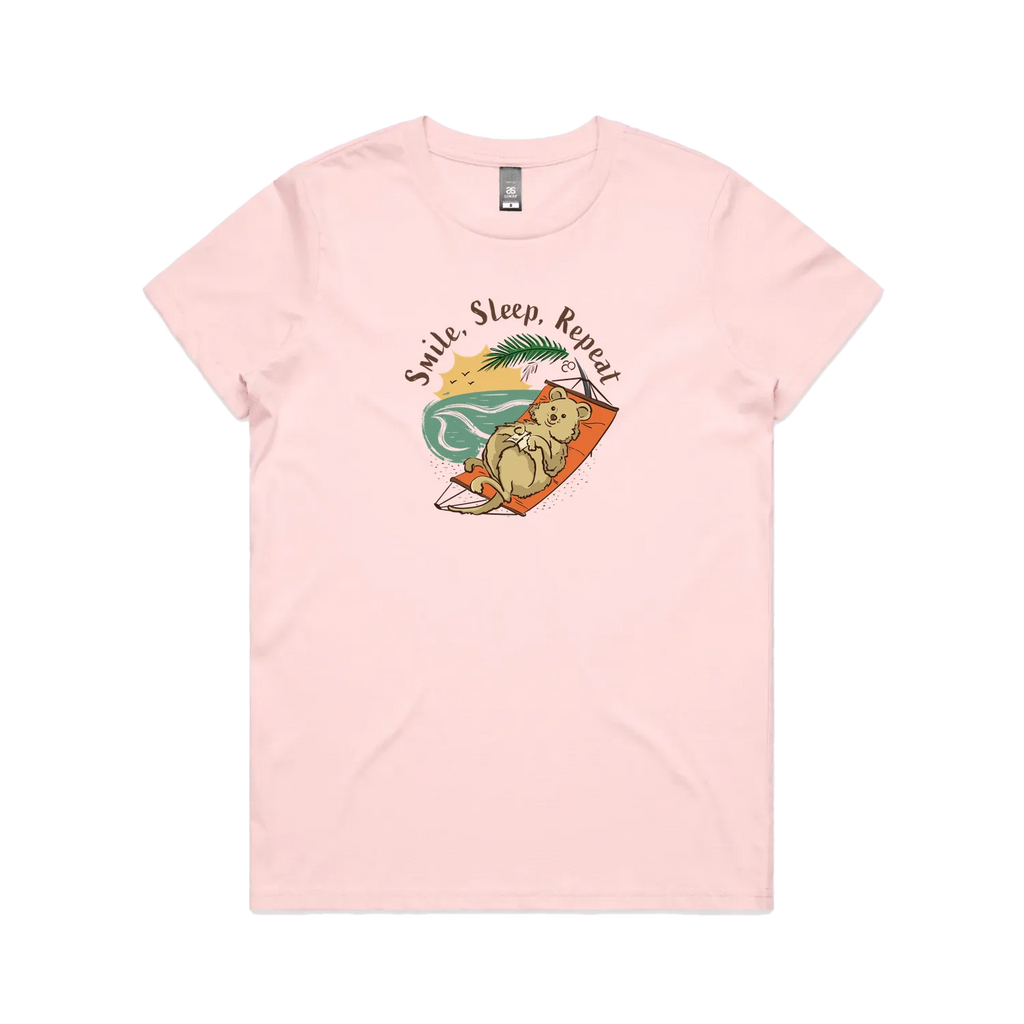 Hand-drawn quokka women’s pink t-shirt Smile, Sleep, Repeat Australian gift