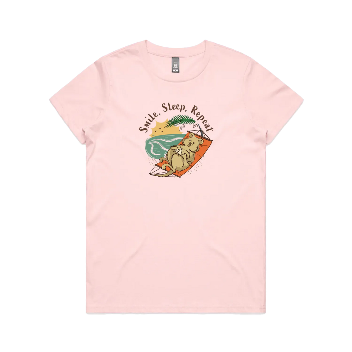 Hand-drawn quokka women’s pink t-shirt Smile, Sleep, Repeat Australian gift